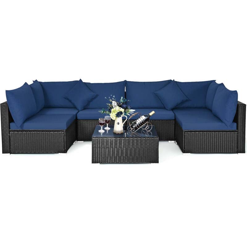 7 Pcs Rattan Patio Furniture Sectional Sofa Set Outdoor Wicker Conversation Set with Back & Seat Cushions Pillows