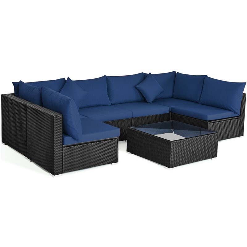 7 Pcs Rattan Patio Furniture Sectional Sofa Set Outdoor Wicker Conversation Set with Back & Seat Cushions Pillows