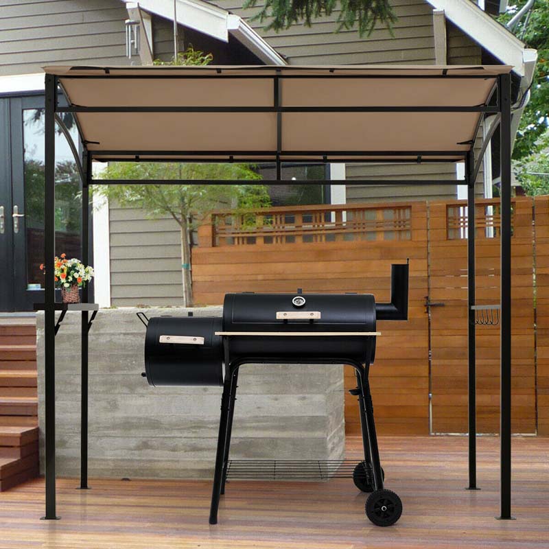 7 x 4.5 FT Outdoor Patio Grill Gazebo, Curved Grill Shelter BBQ Canopy with Serving Shelf & Storage Hooks