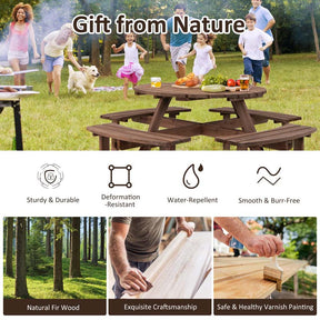 8-Person Outdoor Wooden Round Picnic Dining Table Bench Set with Umbrella Hole & 4 Benches