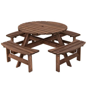 8-Person Outdoor Wooden Round Picnic Dining Table Bench Set with Umbrella Hole & 4 Benches