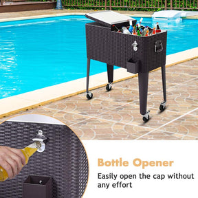 80 QT Rattan Outdoor Patio Rolling Beverage Wine Cooler Cart Portable Bar Cart with Bottle Opener & Cap Catcher