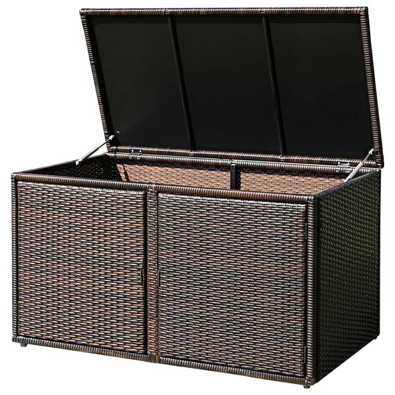 88 Gallon Patio Wicker Storage Box Rattan Deck Bench with Openable Door