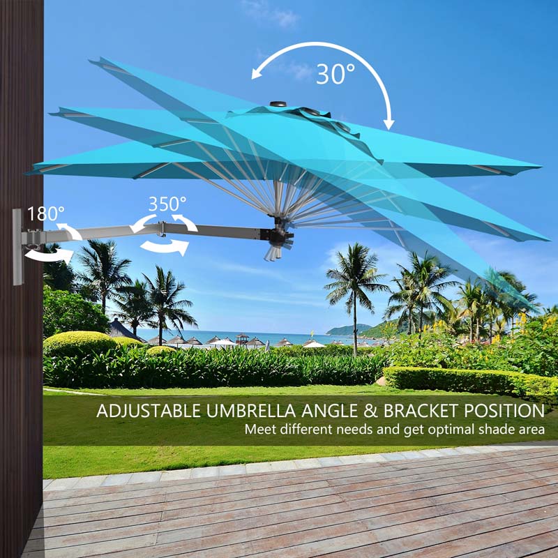 8 FT Patio Wall Mounted Umbrella with Adjustable Pole, Outdoor Tilting Sunshade Umbrella with Wind Vent