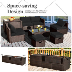 8 Pcs Rattan Patio Sectional Sofa Set with Storage Box & Waterproof Cover