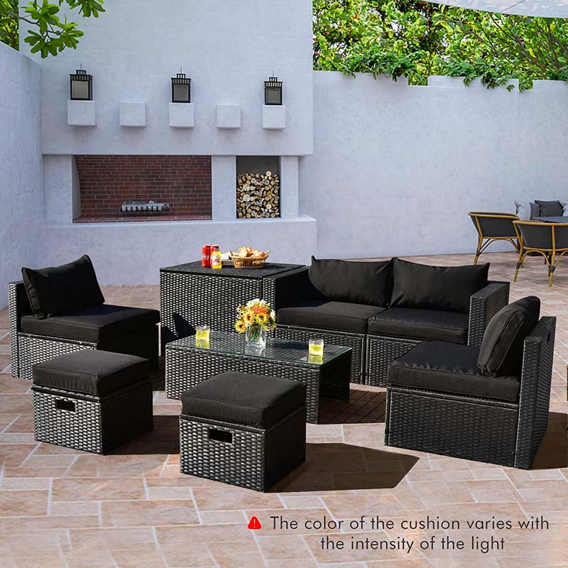 8 Pcs Rattan Wicker Outdoor Patio Furniture Sectional Sofa Set with Storage Box & Waterproof Cover