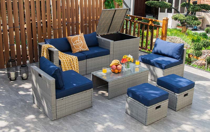 8 Pcs Rattan Patio Sectional Furniture Set Wicker Outdoor Cushioned Sofa Set with Storage Box & Waterproof Cover