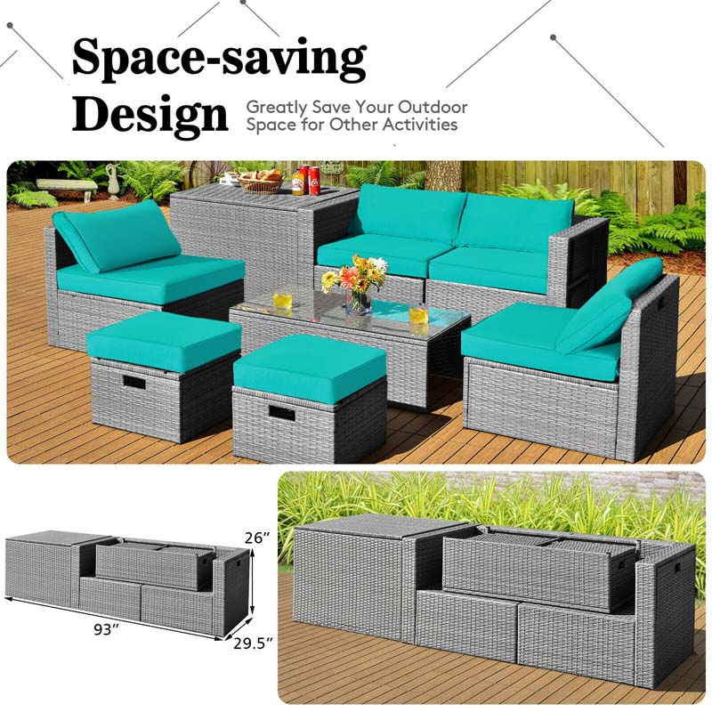 8 Pcs Rattan Patio Sectional Furniture Set Wicker Outdoor Cushioned Sofa Set with Storage Box & Waterproof Cover