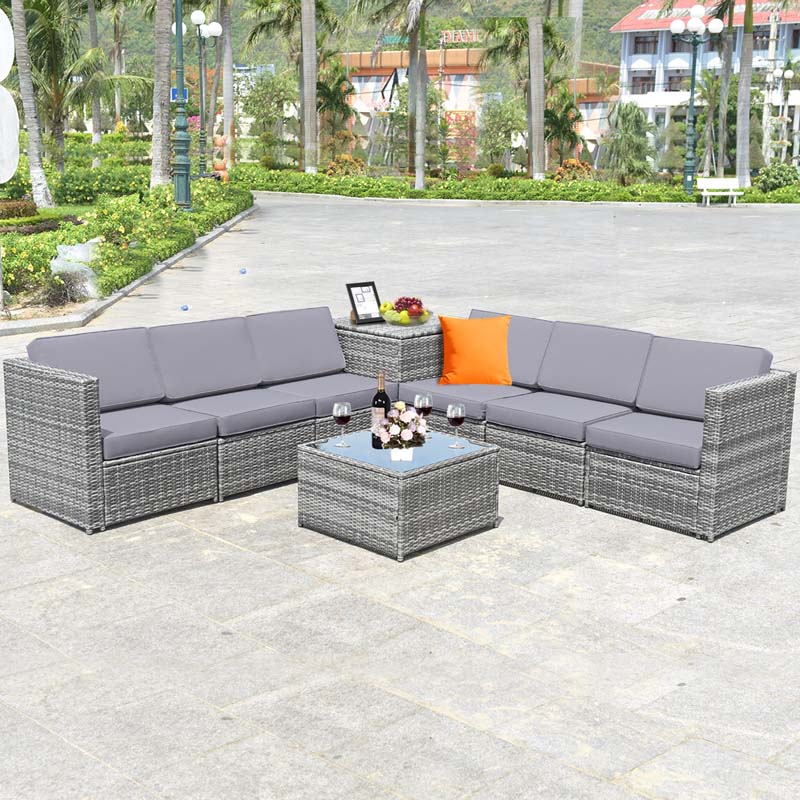 8 Pcs Rattan Patio Sectional Sofa Couch Set Outdoor Wicker Furniture Set with Storage Table & Cushions