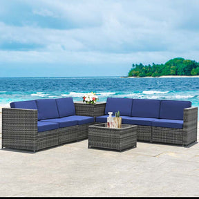 8 Pcs Rattan Patio Sectional Sofa Couch Set Outdoor Wicker Furniture Set with Storage Table & Cushions