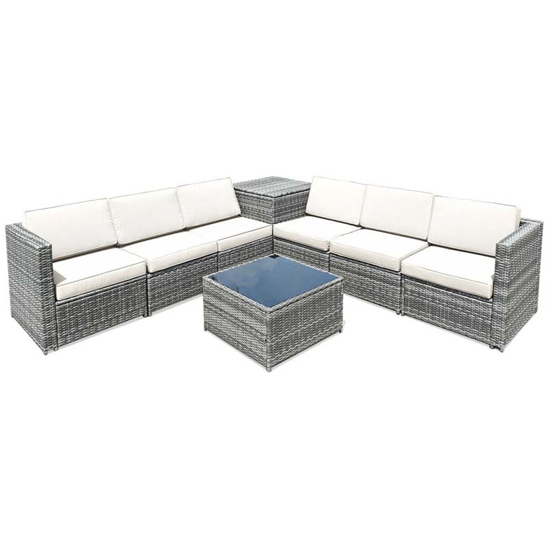 8 Pcs Rattan Patio Sectional Sofa Couch Set Outdoor Wicker Furniture Set with Storage Table & Cushions