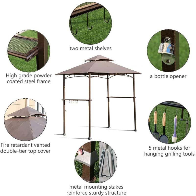 8 x 5 FT 2-Tier Outdoor Patio Grill Gazebo BBQ Canopy Tent Grill Shelter with Hooks & Bottle Opener