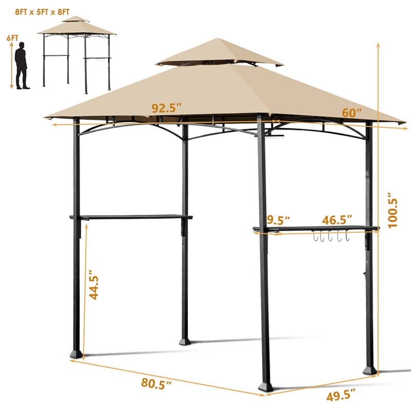 8 x 5 FT Outdoor Patio Grill Gazebo BBQ Canopy Tent Grill Shelter with LED Lights & 2-Tier Air Vent Roof