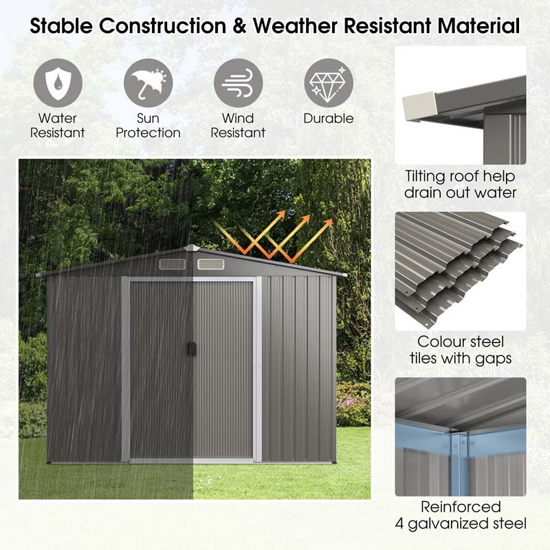 8 x 6 FT Outdoor Metal Storage Shed Garden Tool Storage Room with Foundation, 4 Louvers, Double Doors & Ramp