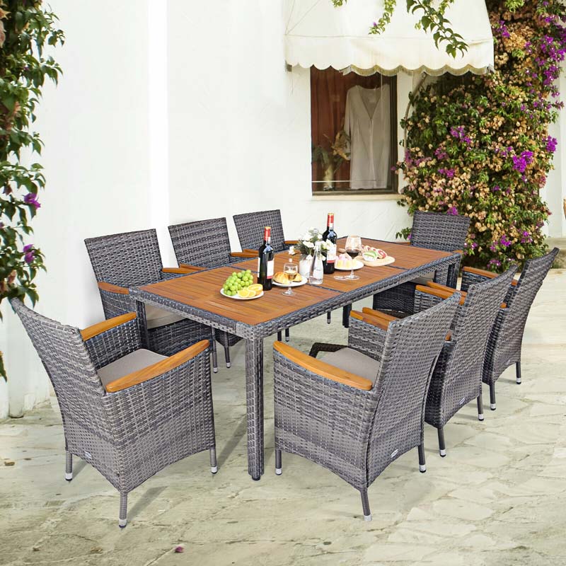 9 Pcs Rattan Patio Dining Set Outdoor Furniture Set with Acacia Wood Table & Cushioned Armchairs