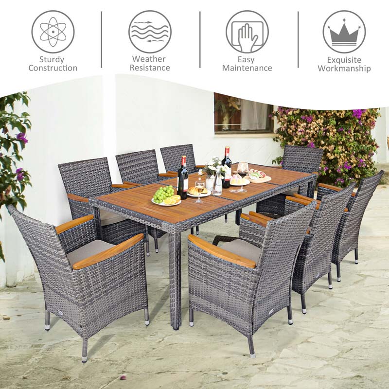 9 Pcs Rattan Patio Dining Set Outdoor Furniture Set with Acacia Wood Table & Cushioned Armchairs