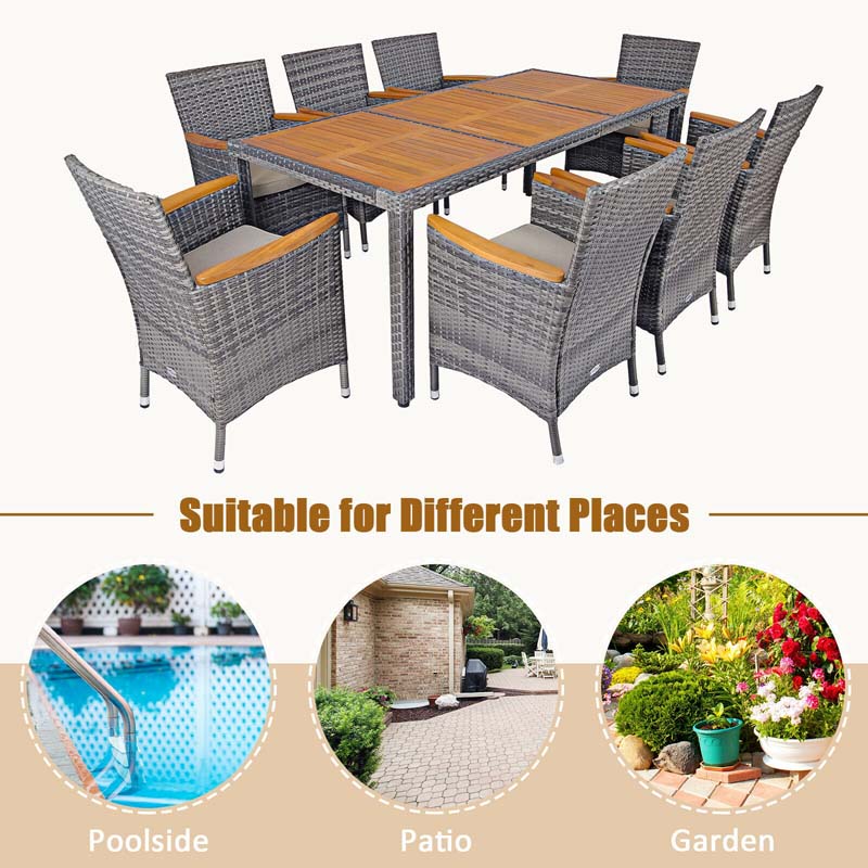 9 Pcs Rattan Patio Dining Set Outdoor Furniture Set with Acacia Wood Table & Cushioned Armchairs