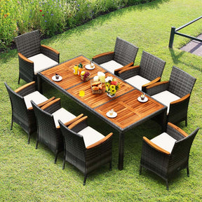 9 Pcs Rattan Patio Dining Set Outdoor Furniture Set with Acacia Wood Table & Cushioned Armchairs