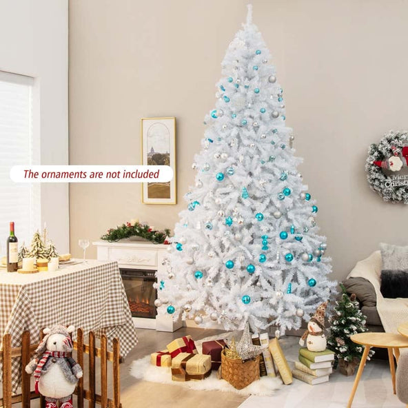 6/7.5/9FT White Hinged Artificial Christmas Tree, Premium Unlit Spruce Full Tree with Metal Stand