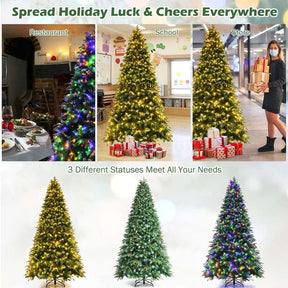5/6/7/9FT Snowy Leaves Pre-Lit Hinged Artificial Christmas Tree with 11 Flash Modes & Multi-Color Lights