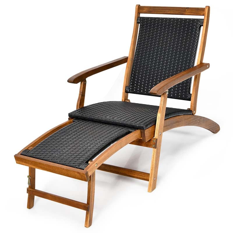 Acacia Wood Rattan Folding Outdoor Chaise Lounge Chair with Retractable Footrest, Pool Lounge Chair Patio Sun Lounger