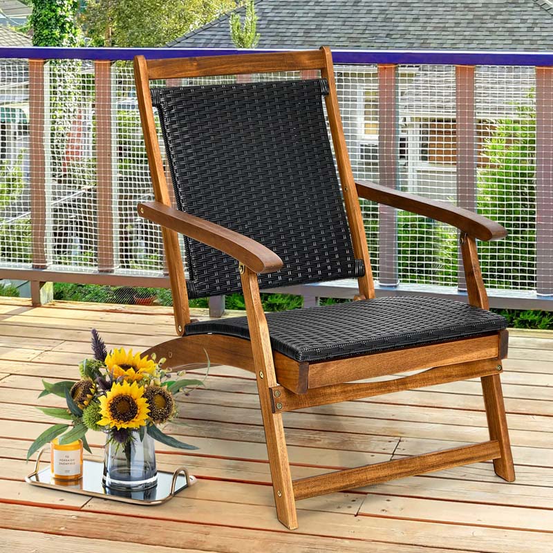 Acacia Wood Rattan Folding Outdoor Chaise Lounge Chair with Retractable Footrest, Pool Lounge Chair Patio Sun Lounger