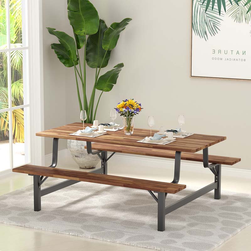 71" Acacia Wood Picnic Table Bench Set with 2" Umbrella Hole, Heavy-Duty Metal Frame Outdoor Dining Table Set