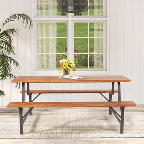 71" Acacia Wood Picnic Table Bench Set with 2" Umbrella Hole, Heavy-Duty Metal Frame Outdoor Dining Table Set