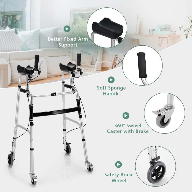 Foldable Standard Walker with 5" Wheels & Padded Armrest, Height Adjustable Walking Mobility Aid for Seniors