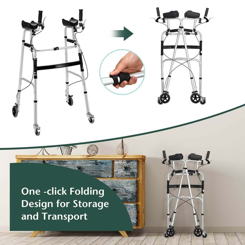 Foldable Standard Walker with 5" Wheels & Padded Armrest, Height Adjustable Walking Mobility Aid for Seniors