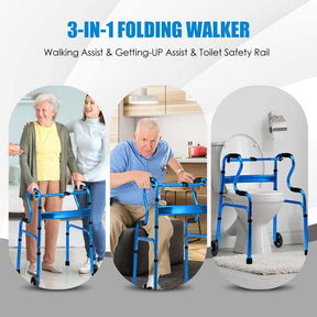 3-in-1 Folding Walker with 5" Wheels & Bi-Level Handrails, 440lbs Heavy Duty Walking Mobility Aid