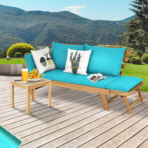Acacia Wood Patio Daybed Convertible Couch Sofa Bed, Outdoor Folding Chaise Lounge Bench with Adjustable Armrest