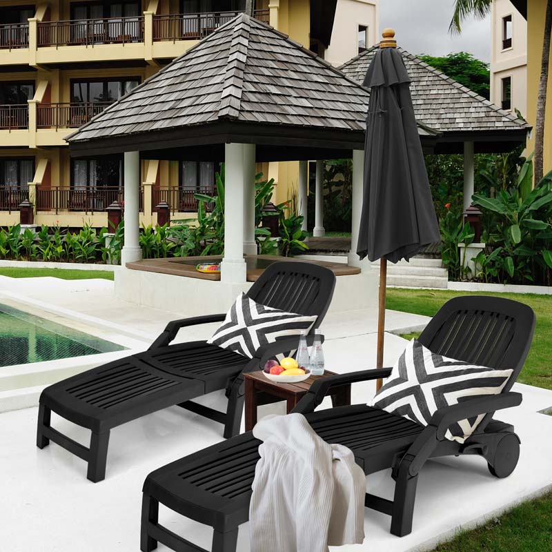 Weatherproof Folding Sun Lounger with Wheels, 6-Position Plastic Outdoor Chaise Lounge Chair for Pool Beach Lawn
