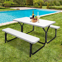 Outdoor Picnic Table Bench Set, All-Weather Dining Table Set, Metal Base Wood-Like Texture, Large Camping Table for Lawn Garden Backyard