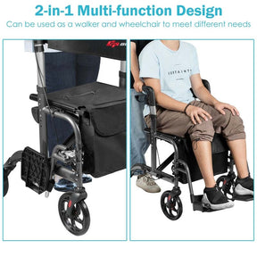 2 in 1 Rollator Walker Wheelchair Folding Medical Walker, Aluminum Transport Chair Mobility Walking Aid