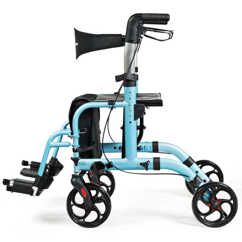 2 in 1 Rollator Walker Wheelchair Folding Medical Walker, Aluminum Transport Chair Mobility Walking Aid