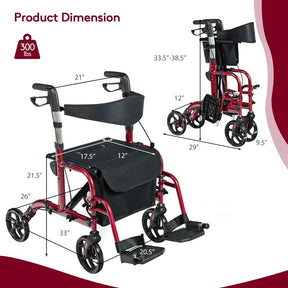 2 in 1 Rollator Walker Wheelchair Folding Medical Walker, Aluminum Transport Chair Mobility Walking Aid