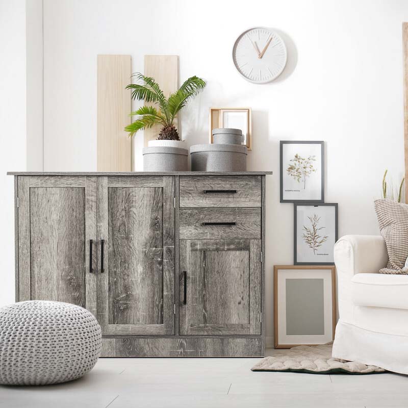 Gray Buffet Server Sideboard Storage Cabinet Console Table Utensils Organizer with 2-Door Cabinet & 2 Drawers