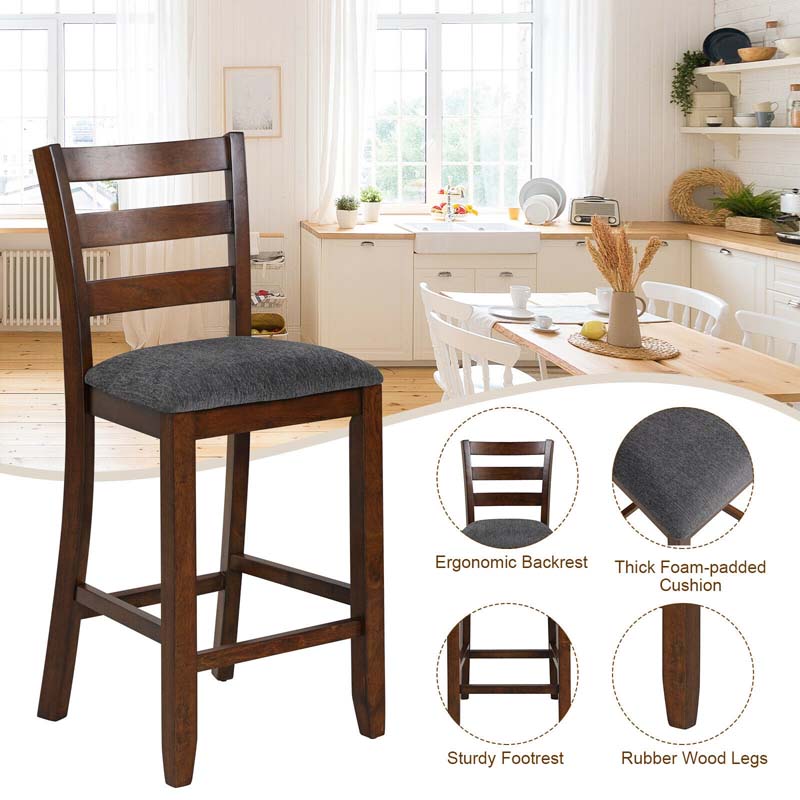 25.5" Linen Fabric Upholstered Bar Stools with Back, Solid Rubber Wood Bar Height Dining Chairs for Kitchen