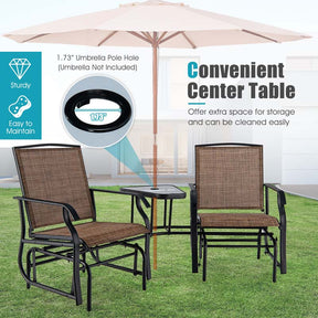 2-Person Double Swing Glider Chair Sling Fabric Porch Rocker with Glass Table & 1.73" Umbrella Hole