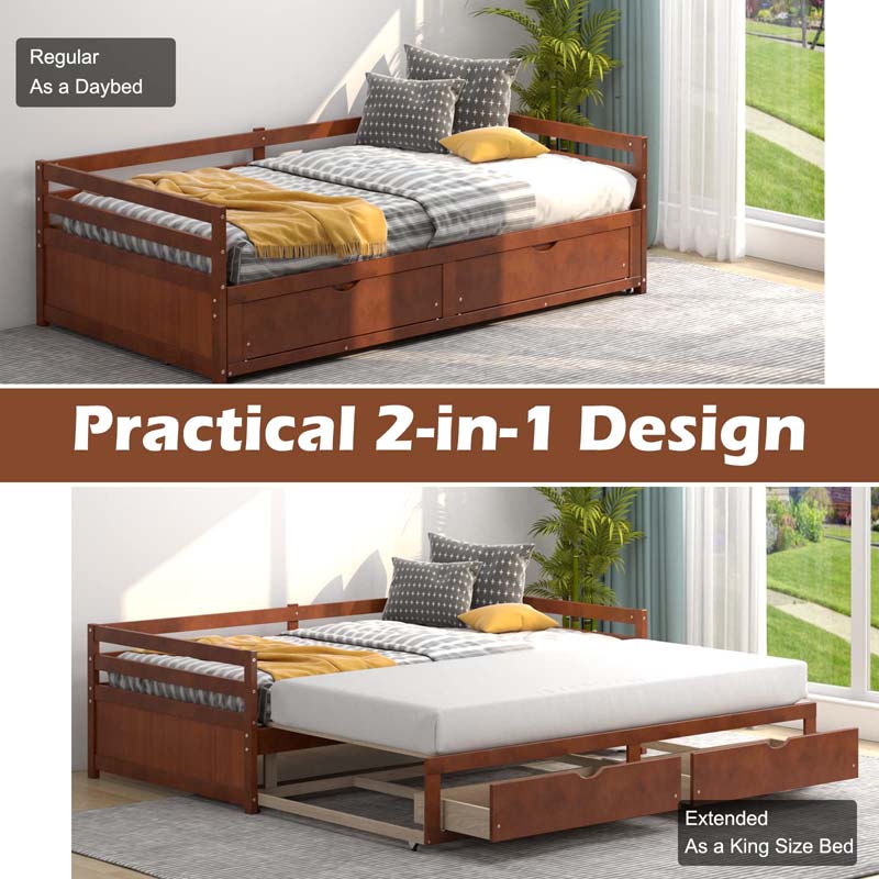 Extendable Twin to King Daybed with Trundle & 2 Storage Drawers, Dual-use Modern Sofa Bed with Roll Out Bed Frame