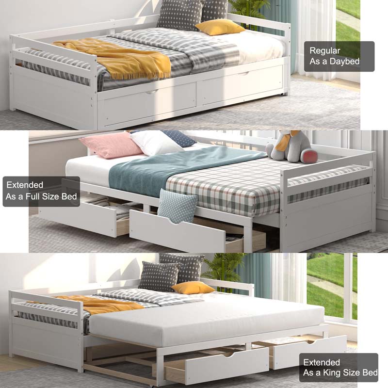 Extendable Twin to King Daybed with Trundle & 2 Storage Drawers, Dual-use Modern Sofa Bed with Roll Out Bed Frame