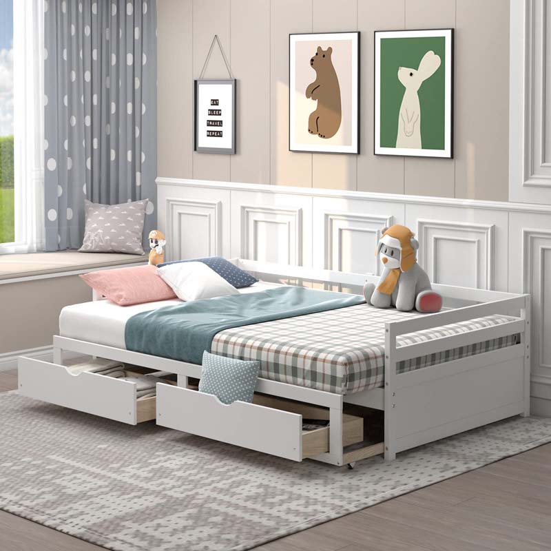 Extendable Twin to King Daybed with Trundle & 2 Storage Drawers, Dual-use Modern Sofa Bed with Roll Out Bed Frame