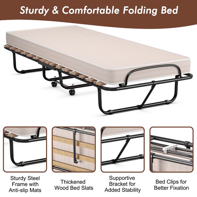 75" x 31.5" Rollaway Bed with Mattress, Folding Guest Bed Portable Sleeper Bed Cot