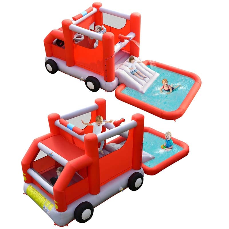 6-in-1 Fire Truck Themed Kids Water Park Jumping Bounce House Inflatable Water Slide without Blower