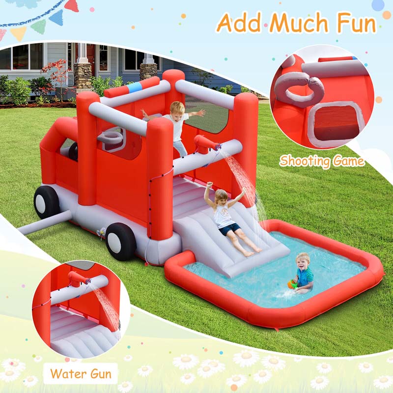 6-in-1 Fire Truck Themed Kids Water Park Jumping Bounce House Inflatable Water Slide without Blower