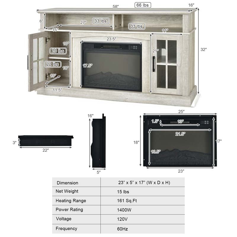58" TV Console with 23" Fireplace Insert, Fireplace TV Stand for TVs up to 65 Inches, 1400W Electric Fireplace Heater