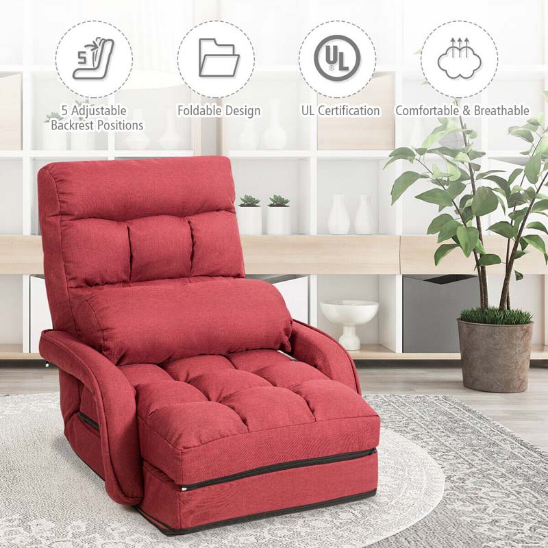 Foldable Massage Floor Chair Recliner, Single Lazy Sofa with Ergonomic Armrest, Adjustable 5 Backrest Positions & Detachable Mat