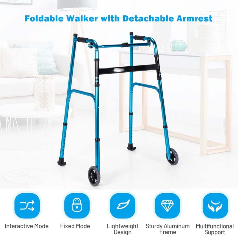 Foldable Standard Walker 440lbs Walking Mobility Aid with 5" Wheels & Removable Padded Armrests