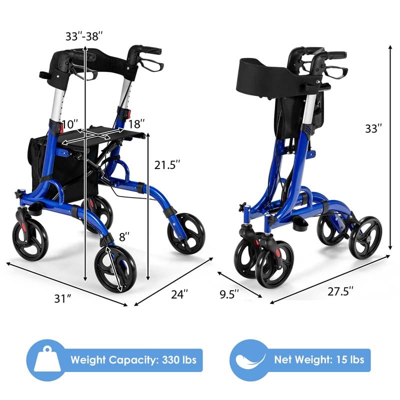 2 in 1 Folding Rollator Walker with Seat & 8" Wheels, Medical Walker Rolling Transport Chair Mobility Walking Aid